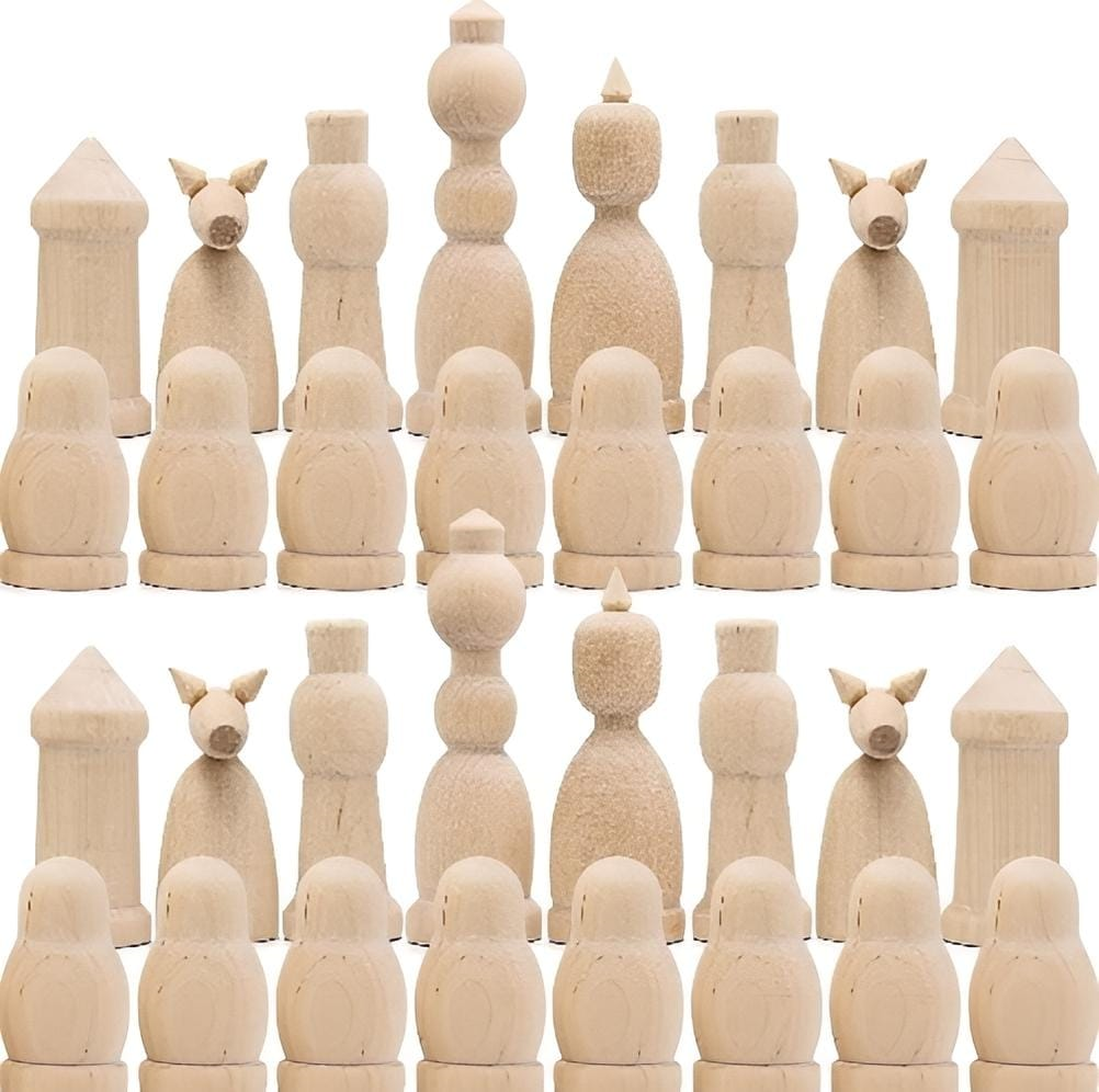 Wood Chess Pieces Set of 32 pcs (Unfinished) DIY Kit