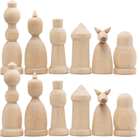 Wood Chess Pieces Set of 32 pcs (Unfinished) DIY Kit