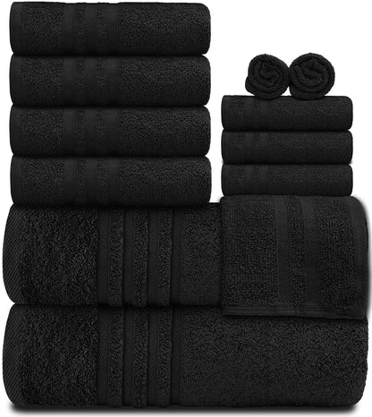 Black Bath Towel 12 Pcs Set Soft Cotton