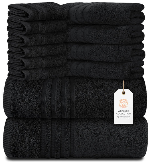 Black Bath Towel 12 Pcs Set Soft Cotton